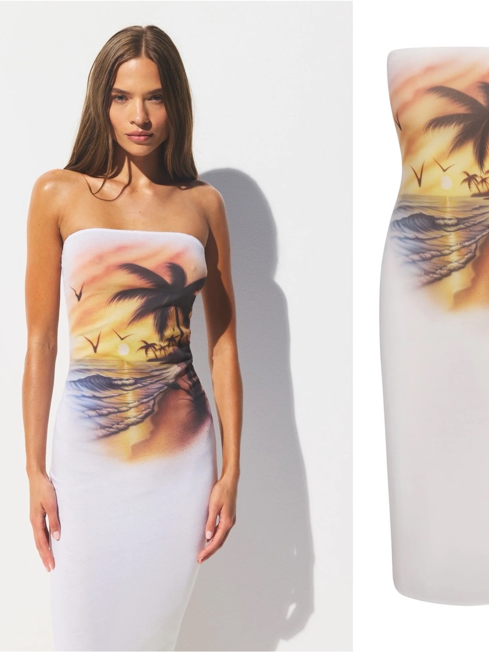 SKIMS Strapless Sunset Palm Beach Print Coverup Dress XS NEW NWT